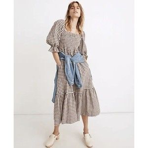 Madewell Lucie Elbow-Sleeve Smocked Midi Dress in Gingham Brown Medium Pockets
